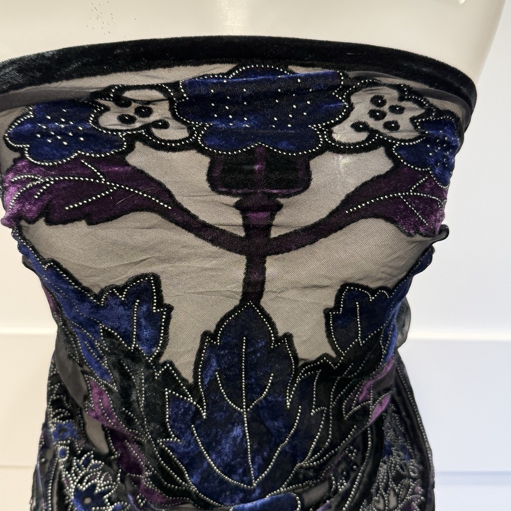 Vintage Black/Blue/Pink Burnout Velvet Triangle Fringe Piano Shawl Scarf Wrap - Picture 2 of 6